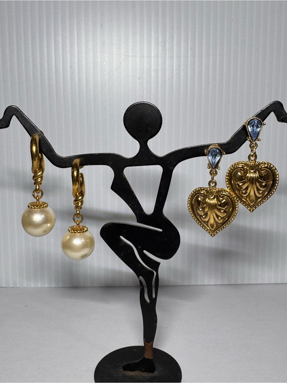 Gold-Tone Heart Drop Earrings with Blue Rhinestone Stone & Pearl Hoop Earrings